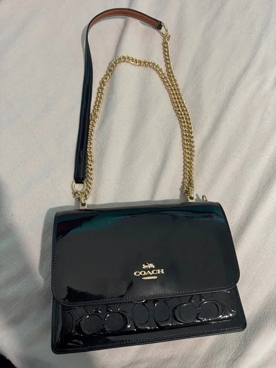 Coach Black Patent Leather Shoulder Bag with Gold Chain Strap - Picture 1 of 4